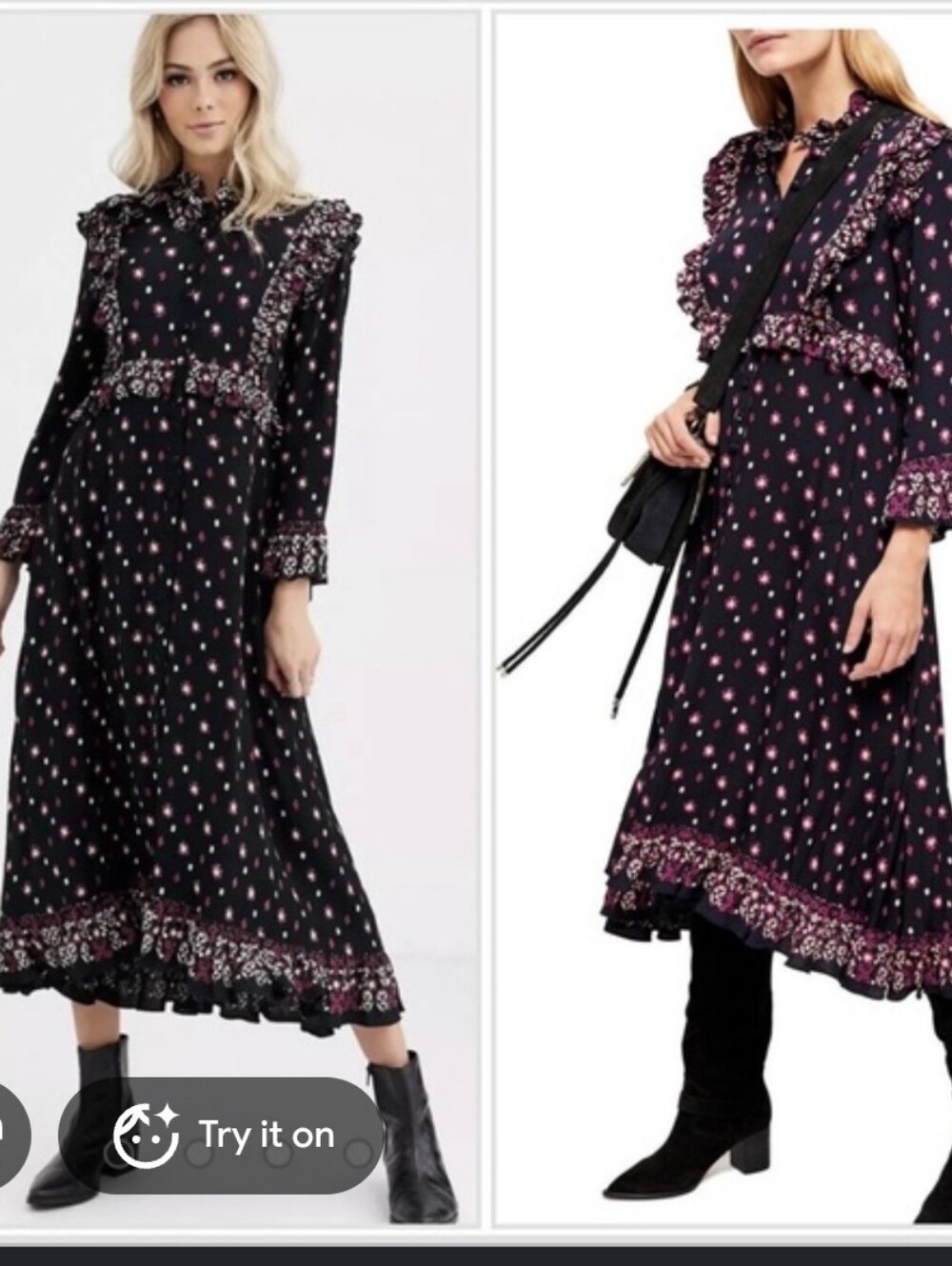 Free People Black Maxi Dress with Pink Floral Ruffle Trim